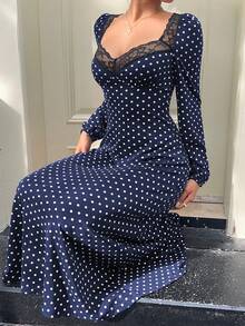 SHEIN Unity Váy chữ A tay đèn lồng chấm bi và ren đen, eo thắt eo, thanh lịch cho kỳ nghỉ, bãi biển, khách dự tiệc cưới, trang phục hàng ngày, xuân/thu - Màu xanh hải quân - Xem 7