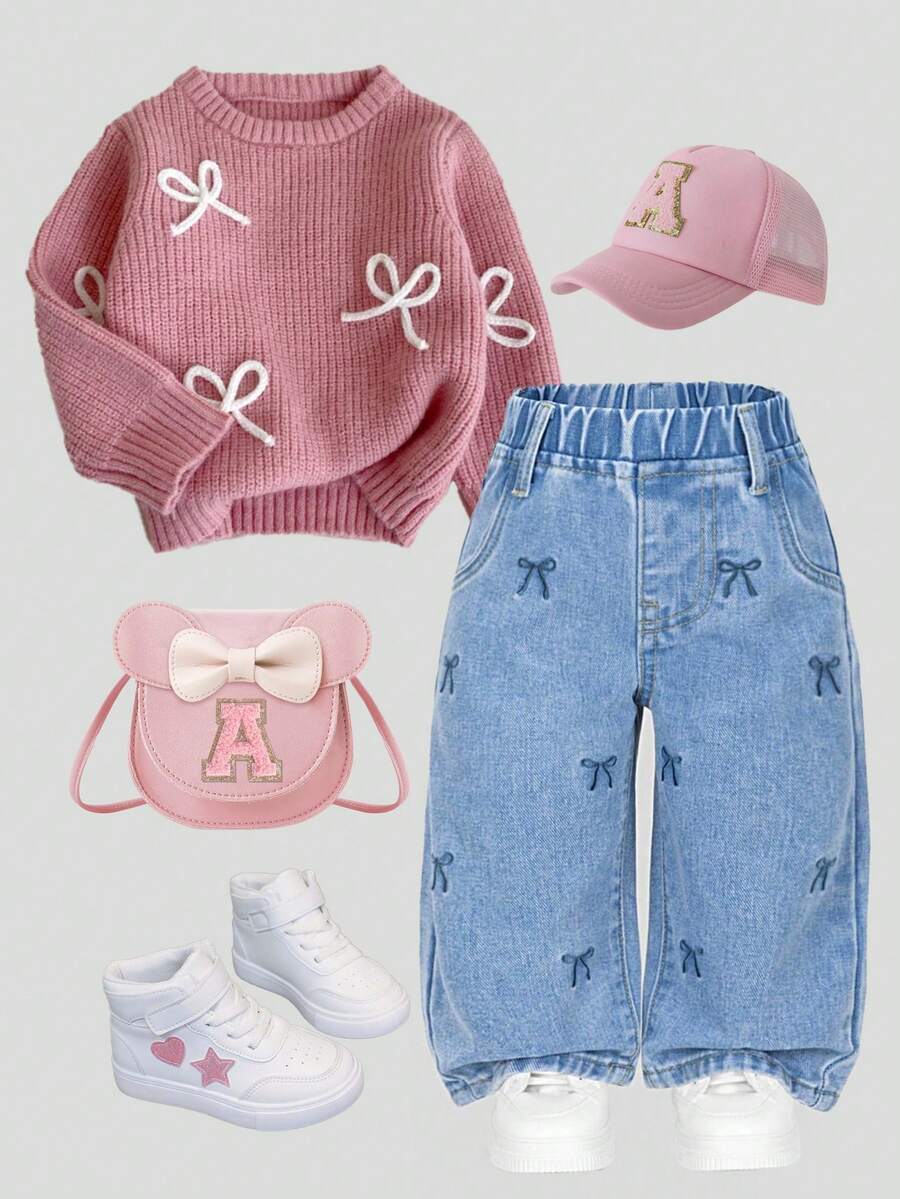 SHEIN Explorewe Blugi din denim pentru fete, blugi casual confortabili cu picior larg, cu broderie fluture, potriviți pentru primăvară, vară, toamnă și iarnă - Spălare medie - Vizualizare 1