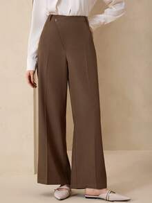Graceveil 女士棕色高腰阔腿裤，简约优雅 - 棕色 - 查看 5