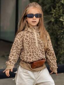 Dazy Kids 女童豹纹落肩拉链半开襟休闲宽松卫衣 - 卡其色 - 查看 2