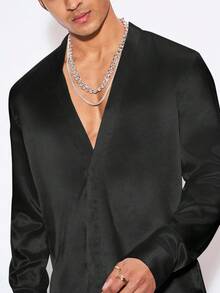 HIMLAND Áo sơ mi nam cổ lệch, chất liệu taffeta dệt kim, thích hợp cho các lễ hội, đám cưới, tiệc tùng, lễ hội âm nhạc, áo sơ mi lụa satin ban đêm. - màu đen - Xem 3