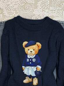 Attitoon Suéter casual de cuello redondo de manga larga con diseño de oso de dibujos animados para mujer, adecuado para otoño/invierno - Azul Marino - Ver 4
