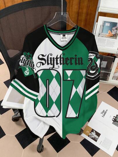 HARRY POTTER X SHEIN Men's Casual Colorblock Letter Graphic Short Sleeve T-Shirt, Summer