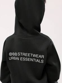 SUMWON 大版都市基本款連帽衫與慢跑運動長褲套裝，腰部中央口袋設計，休閒校園操場冬季穿搭 - 黑色 - 查看 8
