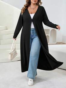 SHEIN CURVE+ 加大码纯色修身纽扣休闲开衫，女式秋季冬季服装 - 黑色 - 查看 6