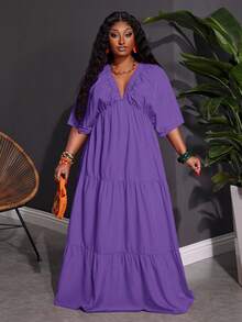 Slaydiva Plus Size Women V-Neck Loose Flowy Dress, Suitable For Beach, Vacation, Casual Wear - Purple - View 5