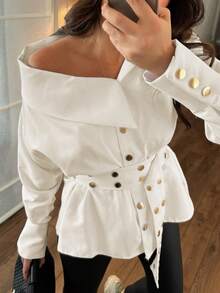 Siren Gaze 金属纽扣细节不对称设计露肩长袖衬衫，配腰带，白色领衬衫，休闲优雅长袖上衣 - 杏色 - 查看 9