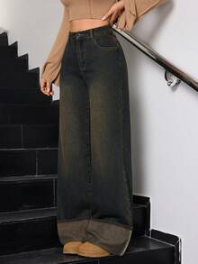 SHEIN Tall Winter Women's Casual Washed Vintage Chic Fashionable Turn-Up Hem Design Wide Leg Jeans - Dark Wash - View 5