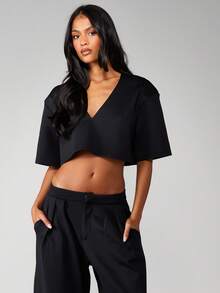 MISSGUIDED 露脐上衣阔腿裤两件套套装 V领宽松休闲 - 黑色 - 查看 3
