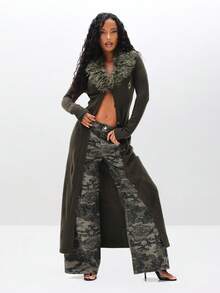 BABYPHAT 秋冬季羽毛装饰长款开襟羊毛衫，配人造毛皮领。 - 墨綠色 - 查看 3