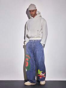 ROMWE MEN Street Life Men's Numeric Print Pocket Wide Leg Loose Relaxed Fit Flared Jeans - Blue - View 3