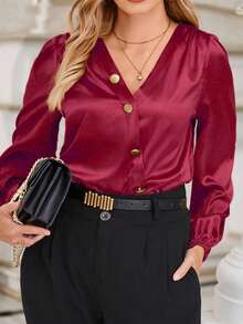 EMERY ROSE Plus Size Women's Solid Color Long Sleeve Single-Breasted Casual Shirt - Burgundy - View 1