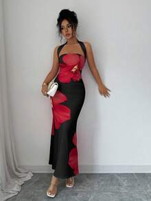 SHEIN PETITE Women's 2025 Summer Halter Tie Waist Slim Fit Printed Mid-Length Dress