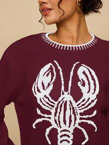 Travachic Áo len chui đầu họa tiết tôm hùm cỡ lớn dành cho nữ màu tương phản, thích hợp cho ngày lễ, mùa thu/đông - Màu Đỏ Sâu - Xem 5