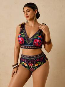 Travachic Plus Size Tropical Print Halter Bikini Set, Bohemian Style Beach Vacation Swimwear - Multicolor - View 6