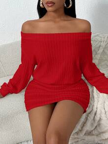 SHEIN SXY 1 buah Gaun Mini Ketat Berkerut Warna Polos Tanpa Bahu, Gaun Merah untuk Wanita, Gaun Natal Lengan Panjang Tanpa Bahu Kasual Nyaman Ketat - Merah - View 8