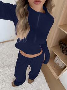 SHEIN EZwear 女士修身夹克和裤子休闲套装 - 藏蓝色 - 查看 4