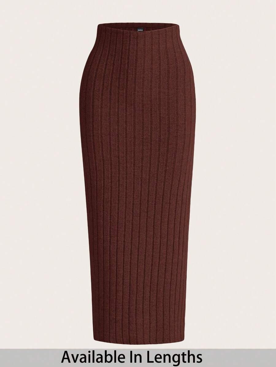 SHEIN Tall CURVE 春秋季加大码纯色罗纹针织铅笔裙 - 咖啡棕 - 查看 1