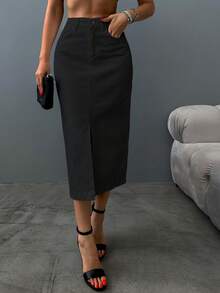 EURMUSE Women\ Solid Color Denim Skirt With Pockets And Buttons - Black - View 3
