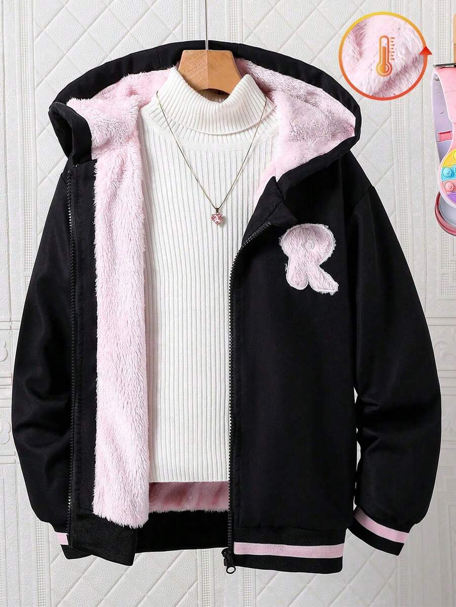 SHEIN 女童纯色拉链外套,保暖内衬,刺绣设计,舒适百搭,秋冬季 - 淺粉色 - 查看 1