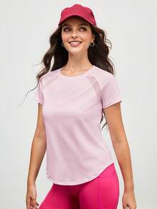 Cheerettes Áo thun thể thao tay ngắn cổ tròn tay raglan màu trơn dành cho nữ - Hồng - Xem 5