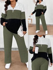 EMERY ROSE Plus Size Collared Zip Decor Soft Knit Long Sleeve Ribbed Colorblock T-Shirt And Soft Ribbed Pants Casual 2-Piece Outfit - Multicolor - View 8
