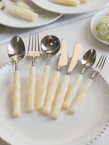 Cirelle 1件/3件套竹节形手柄刀叉勺茶匙蛋糕叉服务叉服务勺奶酪工具，亚克力竹节形不锈钢餐具，外观高档，牛排刀、叉勺套装，适用于餐厅和酒店 - 彩色 - 查看 4