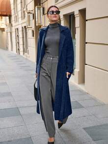 EURMUSE Maxi Cardigan With Belt Outwear Jacket Fall Winter - Navy Blue - View 6