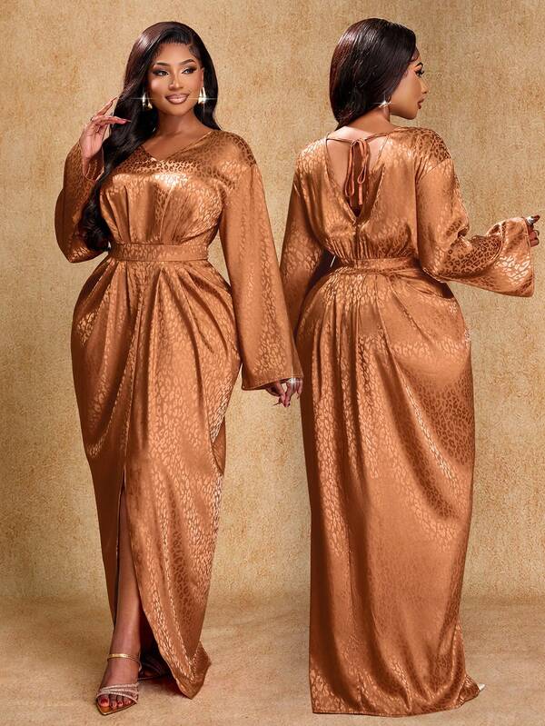 Brilight Women's Autumn And Winter Elegant Satin Leopard Print V-Neck Waist Pleated Dress With Front Slit Loose Dress With Back Tie Bow Long Dress Suitable For Birthday Parties, Elegant Wedding Season, Halloween And Other Festivals Fall Dresses For Women Elegant Dresses Middle Eastern Robe