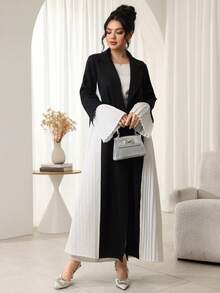 Al Najma 女士优雅撞色褶皱喇叭袖阿拉伯长袍 - 黑色 - 查看 3