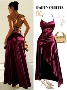 Chiquease Vestido con tirantes finos, espalda descubierta, volantes en el bajo y abertura en la espalda con lazo para mujer, ideal para citas, fiestas, vacaciones y días festivos - Rojo violeta - Ver 2