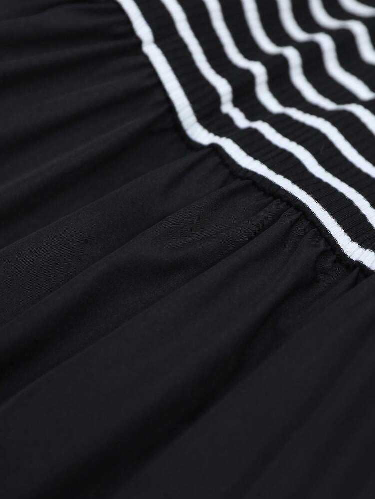 Vestido Casual Feminino de Manga Longa com Colarinho Reto, Babados Listrados e Cinto