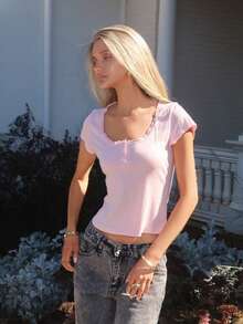 Sydney Algeri 女士甜美蕾丝边短袖 T 恤，修身版型，3 粒扣开合，休闲夏季上衣 - 淺粉色 - 查看 6