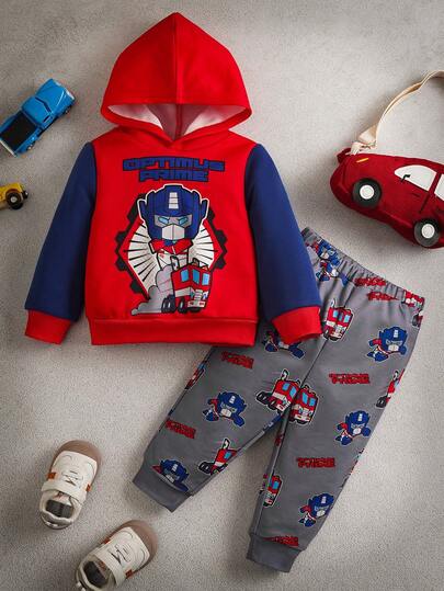 Transformers X SHEIN 2pcs/Set Baby Boy Casual Robot Print Colorblock Hooded Sweatshirt And Pants Outfit