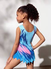 SHEIN Đồ thể dục nhịp điệu không tay in họa tiết cho bé gái, thoải mái và thân thiện với làn da, thiết kế ôm sát để tránh lộ, cuộc thi khiêu vũ ở trường, phù hợp cho mọi mùa Thu Đông - Màu xanh lam - Xem 2