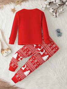 SHEIN Bộ đồ ngủ dài tay cổ tròn ôm vừa vặn cho bé trai, vừa vặn, họa tiết chủ đề Giáng sinh cổ điển với hình ảnh Ông già Noel, Cây thông Noel, Người tuyết, Quà tặng, Tuần lộc, Bông tuyết, Thích hợp cho mùa Giáng sinh - Nhiều màu - Xem 3