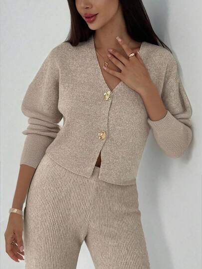 Aloruh Women's Winter Two-Piece Set: V-Neck Long-Sleeved Knit Cardigan Paired With Trousers, Suitable For Everyday Wear, Office, Commuting, Etc. A Comfortable And Casual Set In Apricot Color, Perfect For Christmas At Home Or A Comfortable Two-Piece Set For New Year's Parties.,Fall,Fall Clothes For Women,Winter Clothes For Women