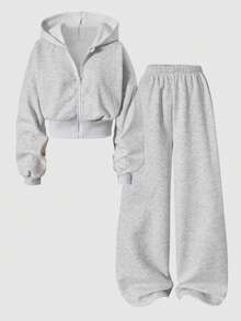 Sparklyn 2pcs/Set Teenage Girls' Floral Gray Hooded Zip-Up Cardigan With Loose Dropped Shoulder And Ribbed Waist, Paired With Matching Loose Fit Relaxed Pants, Casual Sports College Style Outfit, Suitable For Outdoor, Indoor, Sports, Party, School, Spring/Autumn/Winter - Grey - View 3