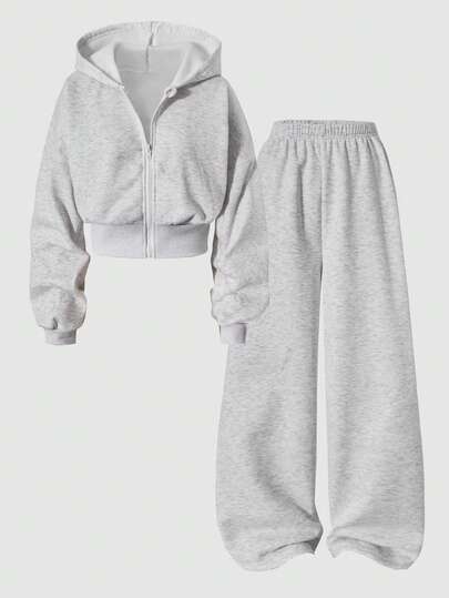 SHEIN Bộ 2 áo khoác cardigan có mũ trùm đầu màu xám họa tiết hoa dành cho bé gái tuổi teen, dáng rộng trễ vai và eo bo gân, kết hợp với quần ống rộng thoải mái, trang phục thể thao thường ngày phong cách đại học, thích hợp cho các hoạt động ngoài trời, trong nhà, thể thao, tiệc tùng, trường học, xuân/thu/đông