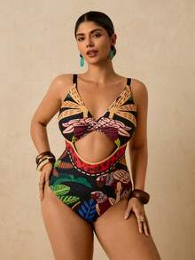 Travachic Traje de baño de una pieza sexy y delgado con estampado de plantas tropicales, con detalle de giro en la parte delantera y hueco, para mujeres de talla grande, para playa y vacaciones casuales - Multicolor - Ver 6