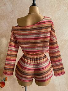 Soleia Holiday 2pcs Women Striped Asymmetrical Shoulder Long Sleeve Top And Shorts Set