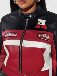 Radiana American Cool Patchwork & Contrast Color Short Motorcycle Embroidered Jacket, Women Summer Race Car Racing Moto Jacke In Fall/Winter - Black - View 6