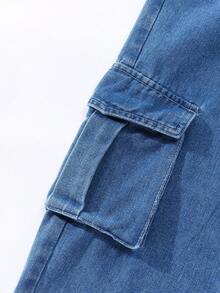 SHEIN Quần yếm jeans cho bé gái tuổi teen, phong cách Y2K, chất liệu denim thoải mái, màu xanh nhạt cổ điển, hàng mới về, phù hợp cho mọi mùa, ống quần thẳng, đa năng, đơn giản và dễ phối đồ, thoải mái khi mặc. - Rửa nhẹ - Xem 7