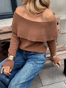 Chiquease Pull tricoté à col volant et manches longues pour femmes, automne/hiver - Kaki - Voir 6