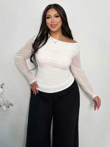 Firerie 优雅简约珍珠串珠长袖网纱不对称肩部T恤 - 白色 - 查看 4