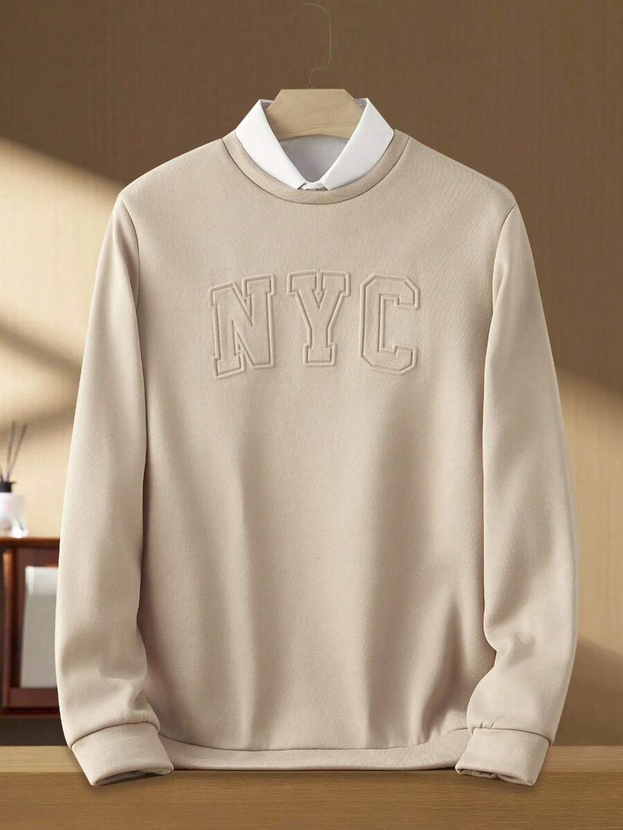 Manfinity BRENVOR Men's Letter Graphic Crew Neck Long Sleeve Casual Knit Sweatshirt, Couple Things - Camel - View 1