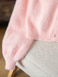 SHEIN 女大童素色前紐扣燈籠袖毛茸茸開襟衫 - 粉色 - 查看 7