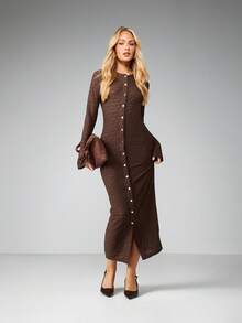 MISSGUIDED 棕色纹理长袖纽扣连衣裙，秋冬修身连衣裙 - 棕色 - 查看 4