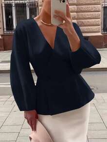 Siren Gaze Damen Einfarbige V-Ausschnitt Langarm Doppelreiher Lässig Jacke