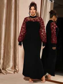 Cravure Đầm đuôi cá cổ cao tay phồng đính sequin thêu họa tiết, cỡ lớn, màu đen, đầm cỡ lớn, đầm dạ hội màu đỏ tía, đầm dành cho người có thân hình đầy đặn, đầm thanh lịch, đầm cỡ lớn sang trọng, đầm thanh lịch cho phụ nữ, đầm đính sequin, đầm lấp lánh, trang phục dự tiệc, đầm đỏ, đầm màu đỏ tía. - Nhiều màu - Xem 3